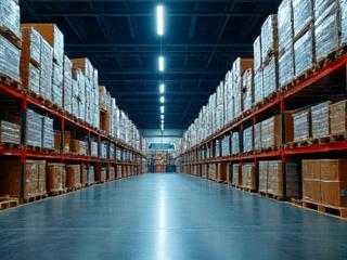 Consumer goods pallets in a modern warehouse