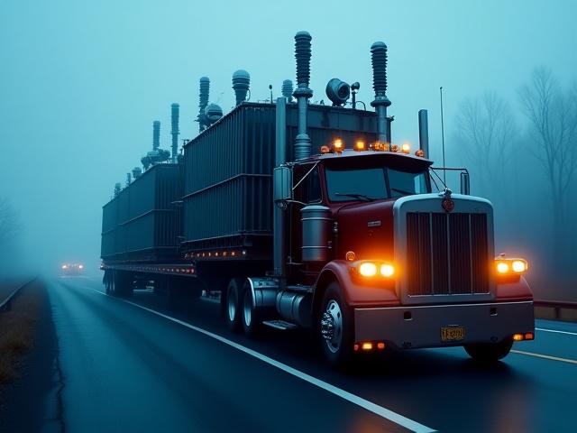 Heavy haul truck transporting a massive industrial power transformer at dawn