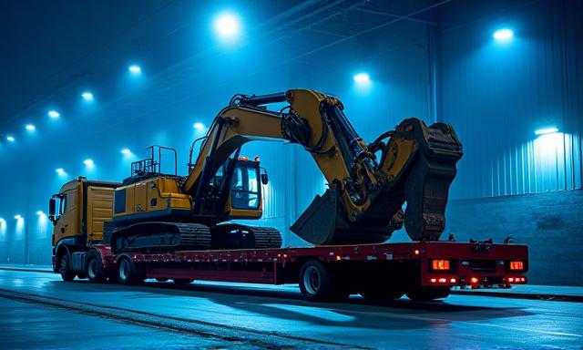 Heavy equipment loaded on a step deck trailer