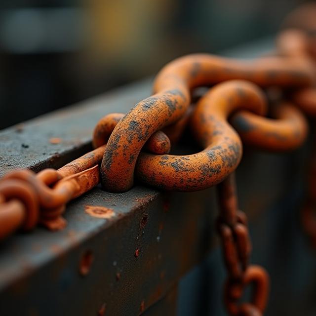 Close up view of high-tensile chains securing a heavy steel load