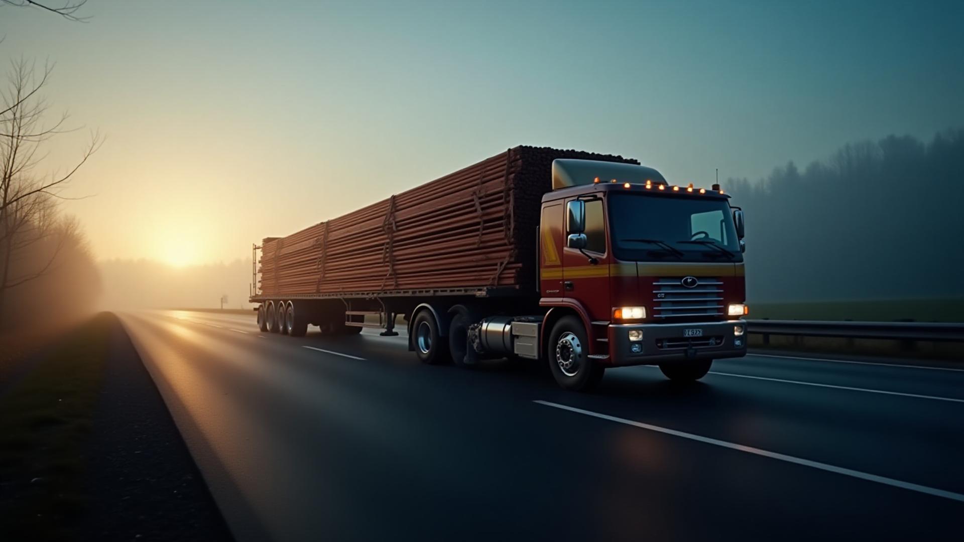 Modern flatbed truck carrying structural steel at dawn