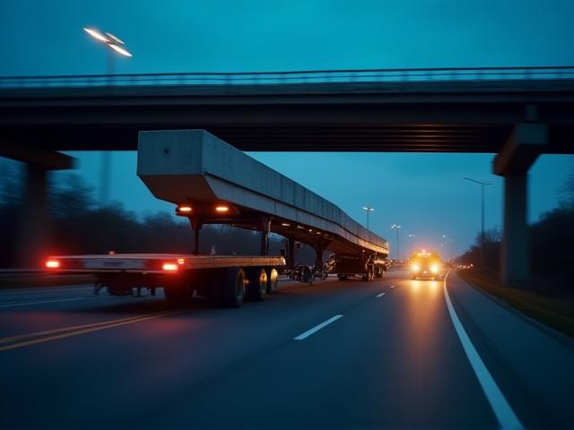 Long bridge beam in transit with escort
