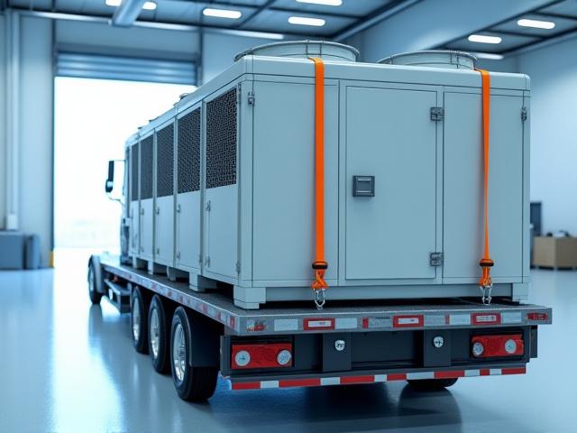 Industrial HVAC unit secured on step-deck
